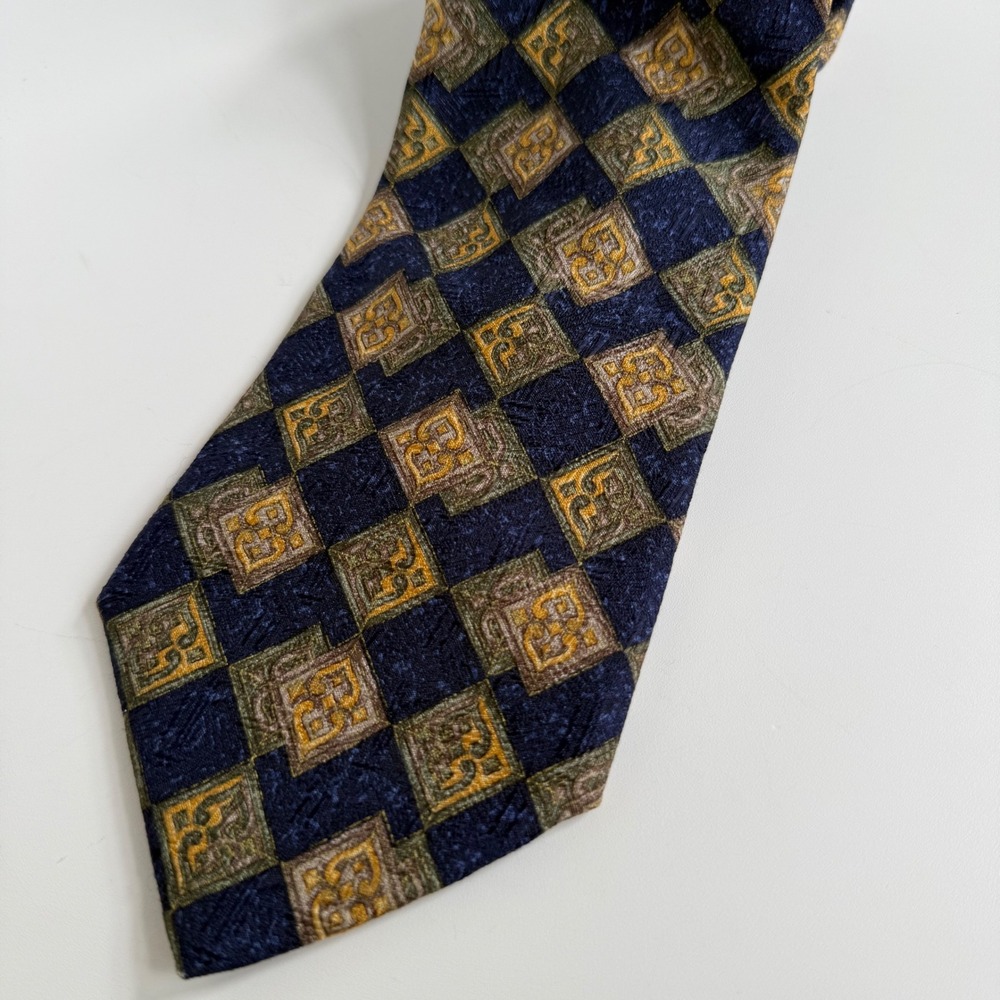 Villa Bolgheri Silk Tie Mens OS Blue Gold Geometric Diamond Made in Italy Luxury